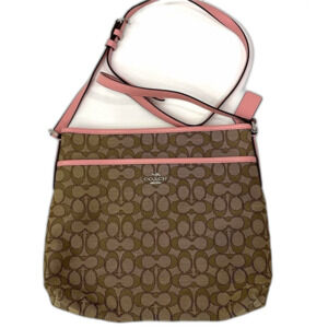 COACH Signature File Crossbody Shoulder Bag Purse Canvas Khaki Pink Trim